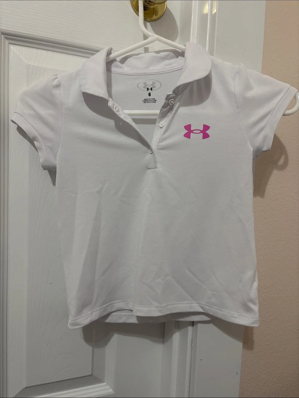 Under Armour White Polo Shirt with Pink Logo Girls